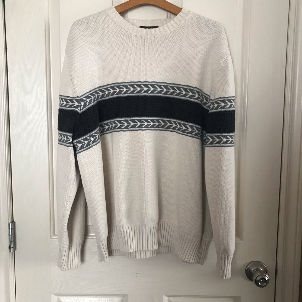 Eddie Bauer Knit Sweater Crewneck Size XL White Textured Chest Black Stripe